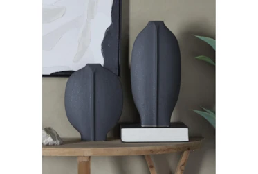 18", 13" Matte Black Abstract Flat Body Vases Set Of 2