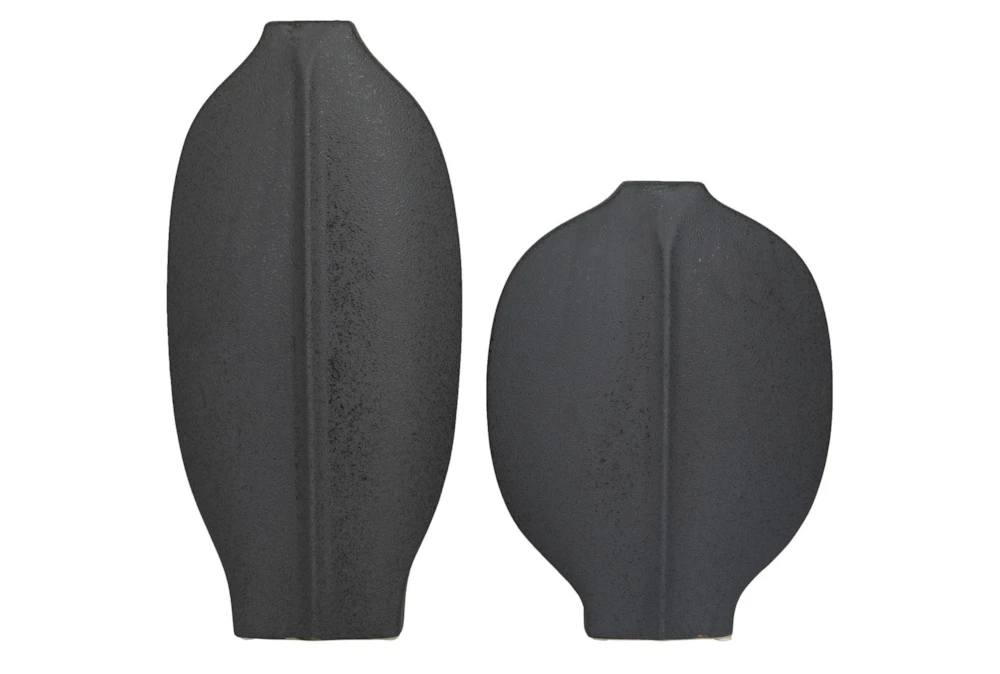 18", 13" Matte Black Abstract Flat Body Vases Set Of 2