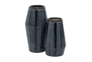 11", 8" Navy Ceramic Herringbone Pattern Vases Set Of 2