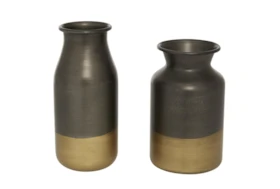 9", 8" Bronze + Brass Two Tone Metal Vases Set Of 2