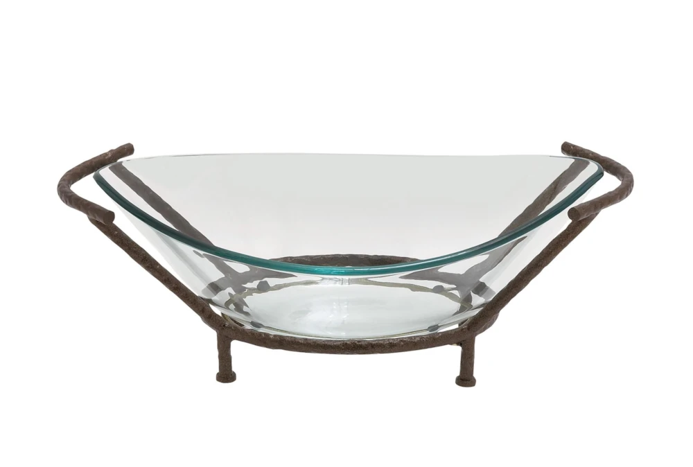 26 Inch Glass + Black Metal Footed Decorative Serving Bowl