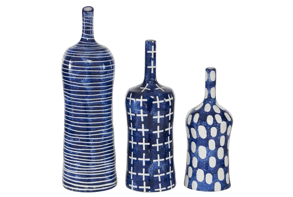 19", 15", 12" Blue White Modern Pattern Vases Set Of 3