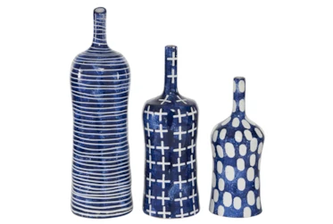 19", 15", 12" Blue White Modern Pattern Vases Set Of 3