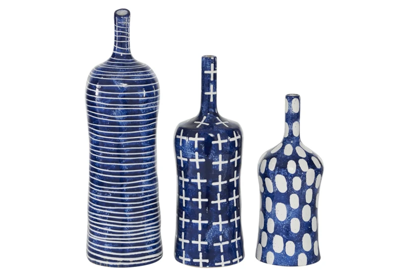 19", 15", 12" Blue White Modern Pattern Vases Set Of 3 - 360