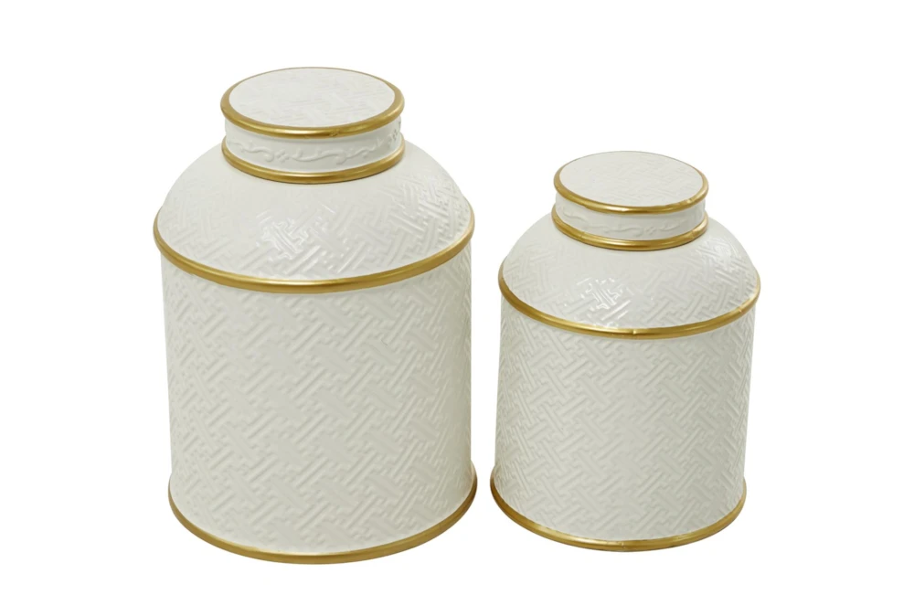 10", 8" Ivory + Gold Metal Lidded Canister Jars Set Of 2