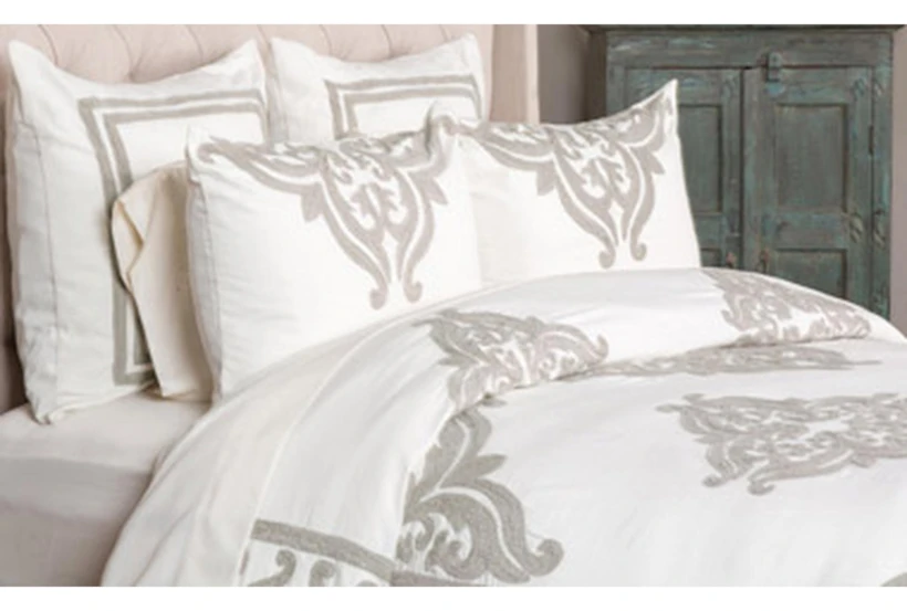 King Duvet - Ivory With Embroidered Natural Stitching Cotton - 360