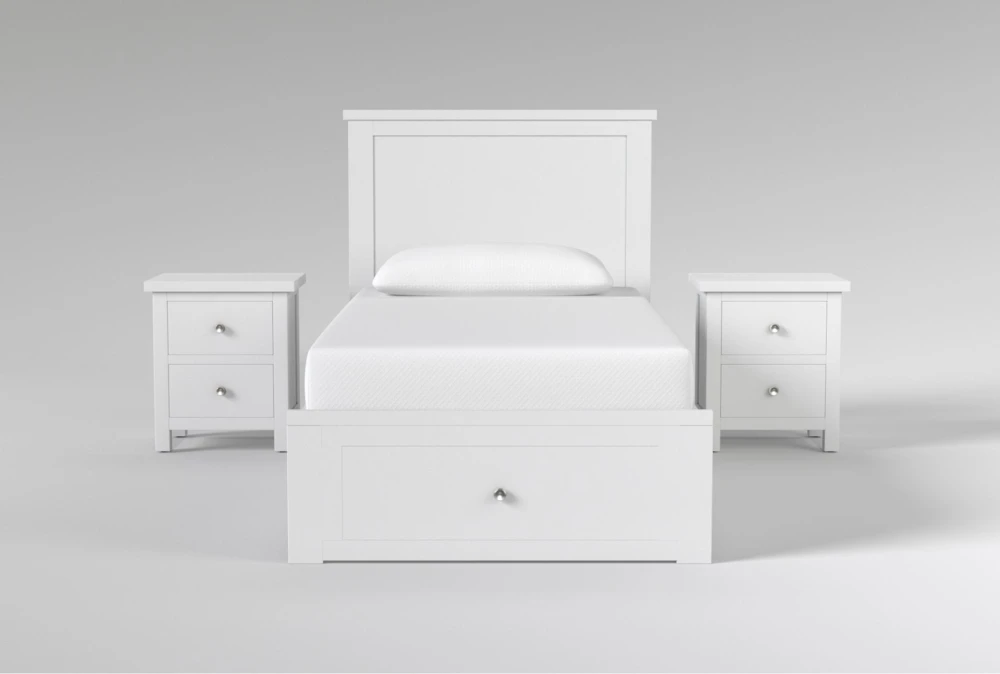 Larkin White Twin Wood Storage 3 Piece Bedroom Set With 2 Nightstands