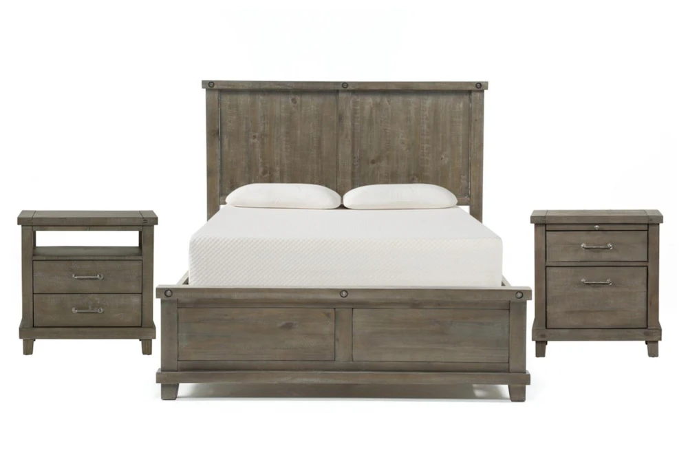 Jaxon Grey California King Wood Panel 3 Piece Bedroom Set With Nightstand & Open Nightstand