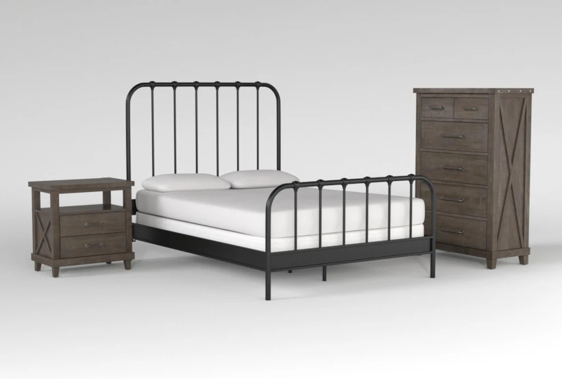 Knox Queen Metal 3 Piece Bedroom Set With Jaxon Grey Chest Of Drawers + Open Nightstand - 360
