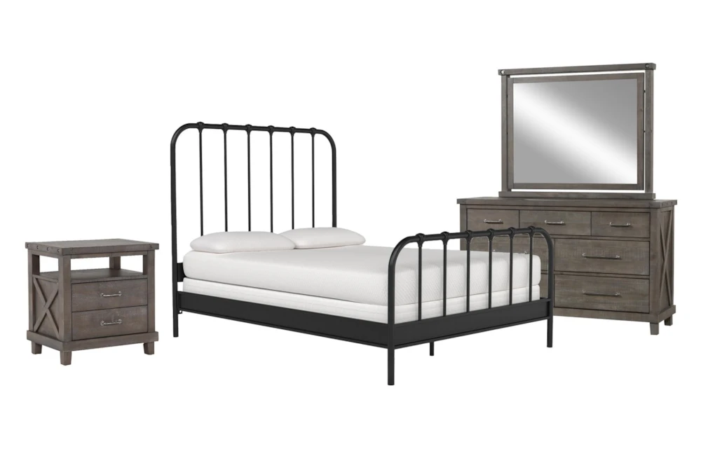 Knox Queen Metal 4 Piece Bedroom Set With Jaxon Grey Dresser, Mirror + Open Nightstand