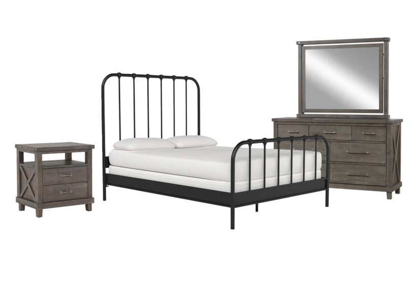 Knox Queen Metal 4 Piece Bedroom Set With Jaxon Grey Dresser, Mirror + Open Nightstand - 360