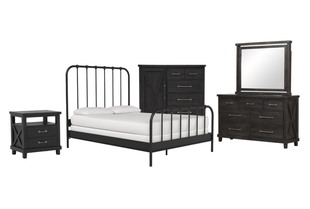 Knox King Metal 5 Piece Bedroom Set With Jaxon Dresser, Mirror, Wardrobe + Open Nightstand