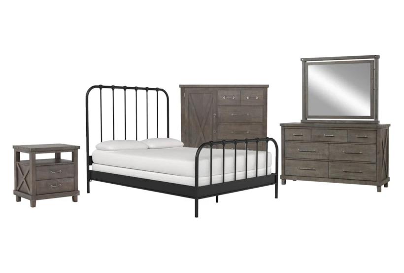 Knox King Metal 5 Piece Bedroom Set With Jaxon Grey Dresser, Mirror, Wardrobe + Open Nightstand - 360