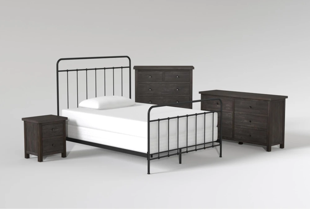 Kyrie Black Full Metal 4 Piece Bedroom Set With Larkin Espresso Dresser, Chest Of Drawers + Nightstand