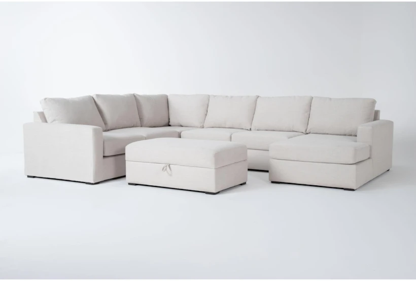 Araceli II Sand 140" 4 Piece Sectional with Right Arm Facing Chaise & Storage Ottoman - 360