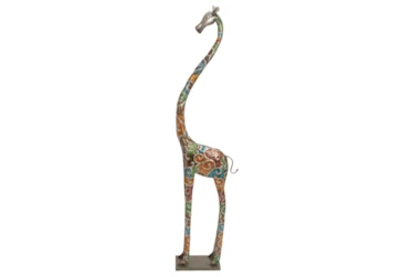 73 Inch Multi Colored Metal Indoor Outdoor Tall Giraffe Sculpture With Detailed Embossed Scrollwork