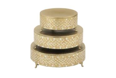 13, 17, + 19 Inch Gold Metal Cake Stand With Mosaic Patterns Set Of 3