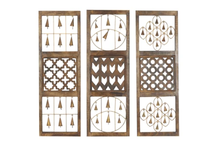 12X36 Brown Wood Intricately Carved Geometric Wall Decor With Bells Set Of 3 - Main