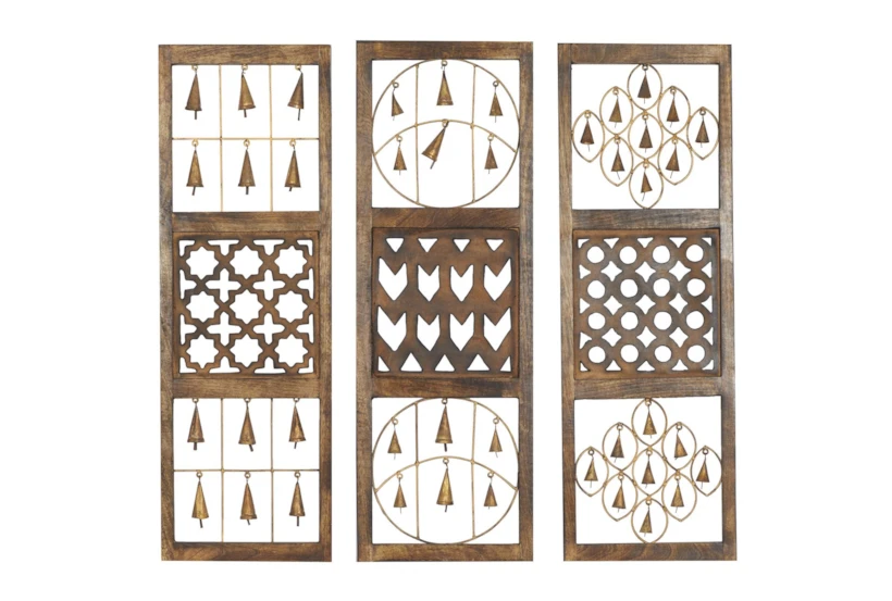 12X36 Brown Wood Intricately Carved Geometric Wall Decor With Bells Set Of 3 - 360