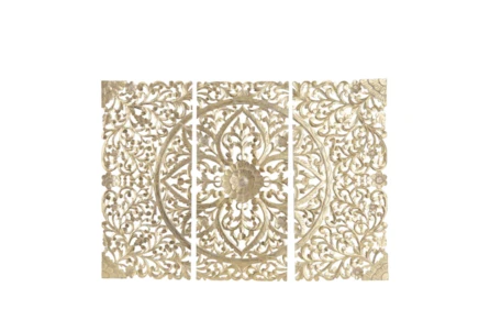 22X48 Cream Wood Handmade Intricately Carved Floral Wall Decor With Mandala Design Set Of 3 - Main