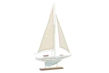 22 Inch Brown Wood Coastal Sail Boat Sculpture