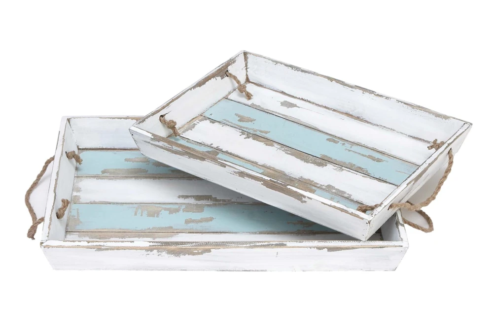 15 + 18 Inch White Wood Tray With Blue Stripe Set Of 2