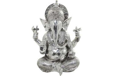 12X16 Silver Polystone Meditating Ganesh Sculpture With Engraved Carvings And Relief Detailing