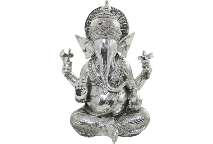 12X16 Silver Polystone Meditating Ganesh Sculpture With Engraved Carvings And Relief Detailing - 360