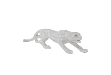 11X42 Silver Polystone Glam Leopard Sculpture With Carved Faceted Diamond Exterior