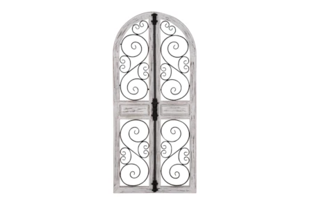 24X52 Gray Wood Arched Window Inspired Scroll Wall Decor With Metal Scrollwork Relief - Main