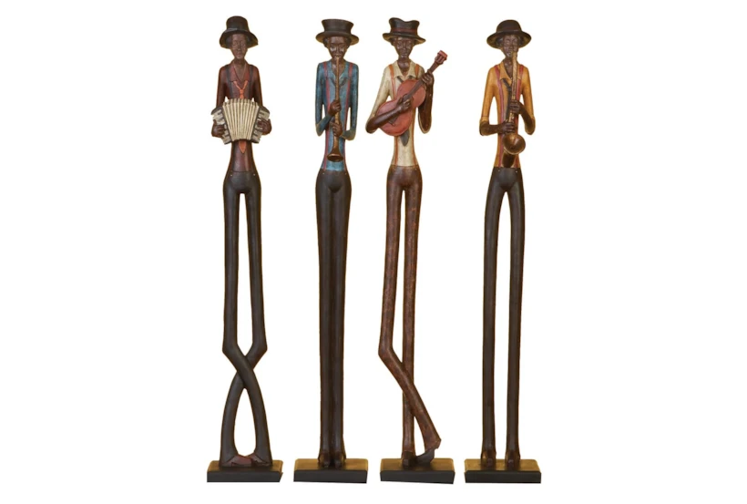 24 Inch Brown Polystone Tall Long Legged Jazz Band Musician Sculpture With Black Base Stand Set Of 4 - 360