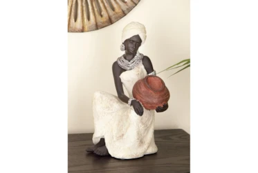 10 Inch Cream Polystone Sitting African Woman Sculpture With Red Water Pot