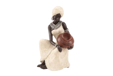 10 Inch Cream Polystone Sitting African Woman Sculpture With Red Water Pot