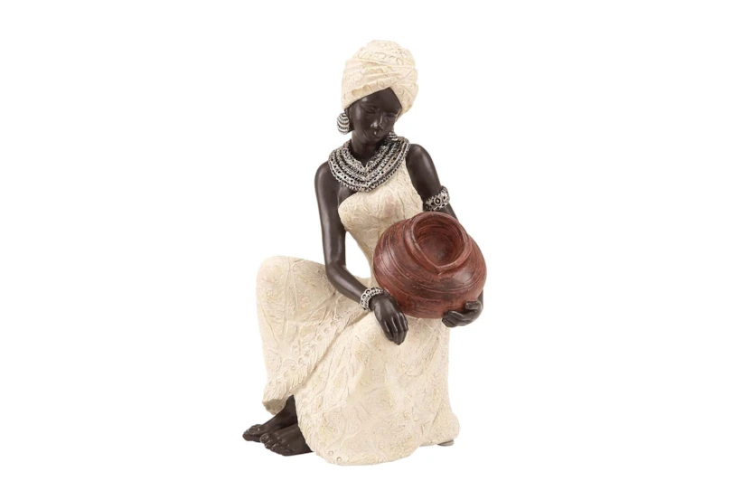 10 Inch Cream Polystone Sitting African Woman Sculpture With Red Water Pot - 360