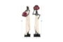 16 Inch Cream Polystone Standing African Woman Sculpture With Red Water Pots And Black Base Set Of 2 - Front