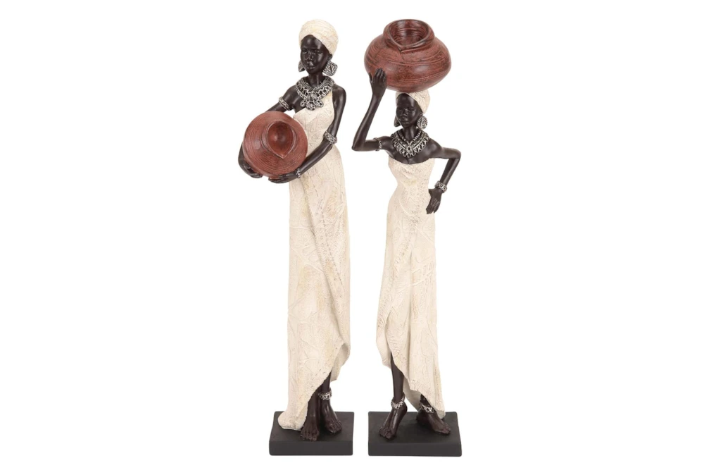 16 Inch Cream Polystone Standing African Woman Sculpture With Red Water Pots And Black Base Set Of 2
