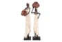 16 Inch Cream Polystone Standing African Woman Sculpture With Red Water Pots And Black Base Set Of 2 - Signature