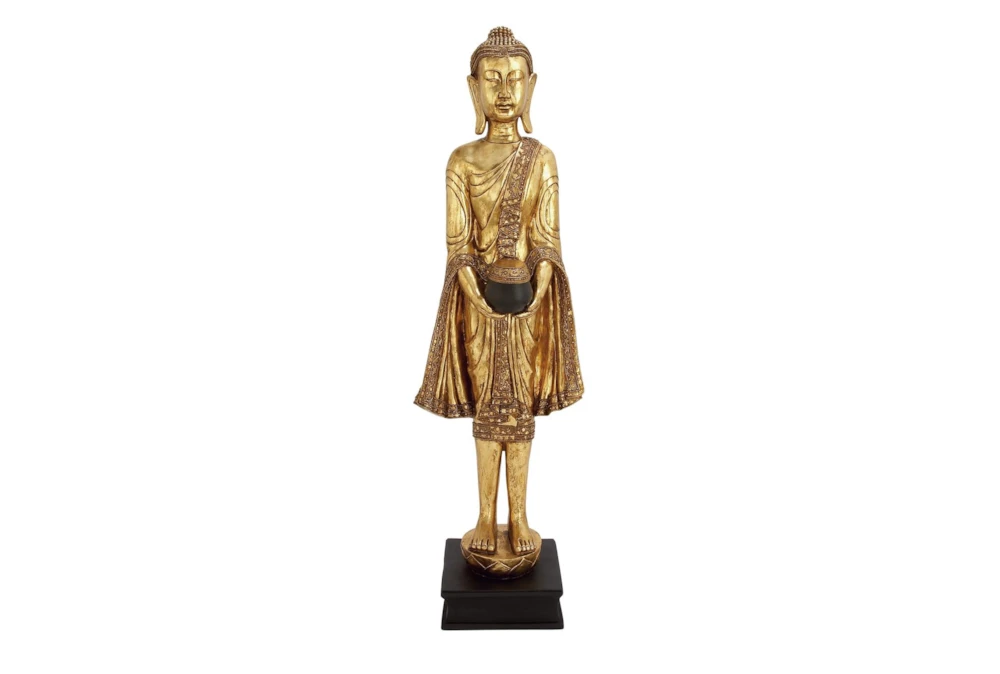 54 Inch Gold Resin Meditating Buddha Sculpture With Engraved Carvings And Relief Detailing