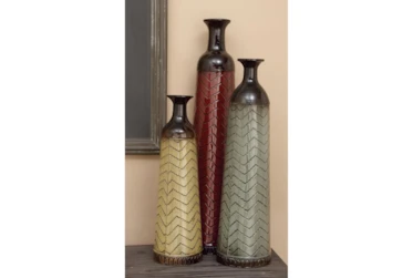 22, 27, + 32 Inch Multi Colored Metal Traditional Vase With Chevron Pattern Set Of 3