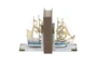 9 Inch White Wood Coastal Sail Boat Bookends Set Of 2 - Front