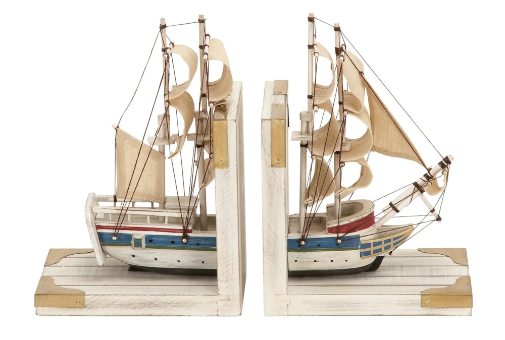 9 Inch White Wood Coastal Sail Boat Bookends Set Of 2