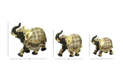 5, 6, + 7 Inch Gold Polystone Eclectic Elephant Sculpture Set Of 3 - Front