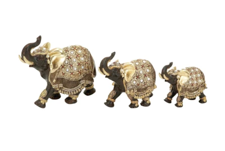 5, 6, + 7 Inch Gold Polystone Eclectic Elephant Sculpture Set Of 3
