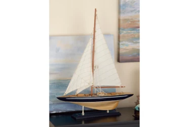 21 Inch Beige Wood Sail Boat Sculpture With Lifelike Rigging