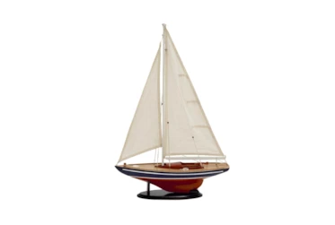 26 Inch Dark Brown Wood Sail Boat Sculpture With Lifelike Rigging