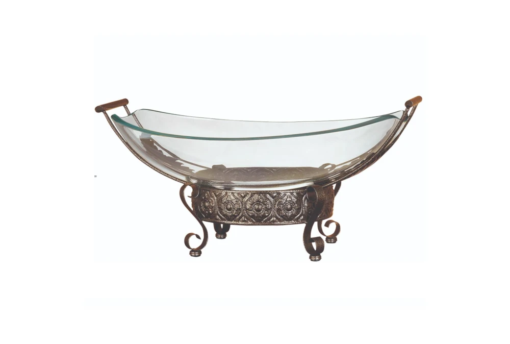 23 Inch Clear Tempered Glass Kitchen Serving Bowl With Brown Metal Scroll Base