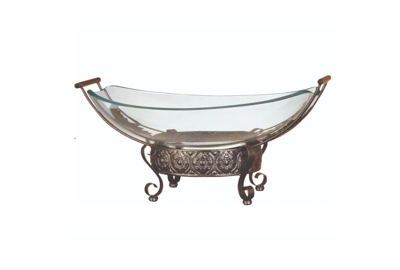 23 Inch Clear Tempered Glass Kitchen Serving Bowl With Brown Metal Scroll Base - 360
