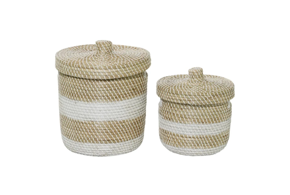 13 + 17 Inch Brown Seagrass Handmade Two Toned Storage Basket With Matching Lids Set Of 2