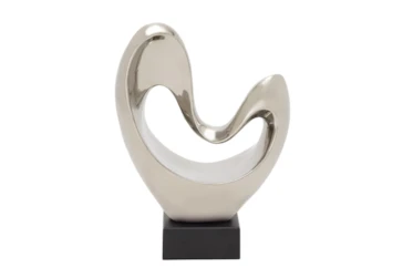 14 Inch Silver Porcelain Heart Abstract Sculpture With Black Base