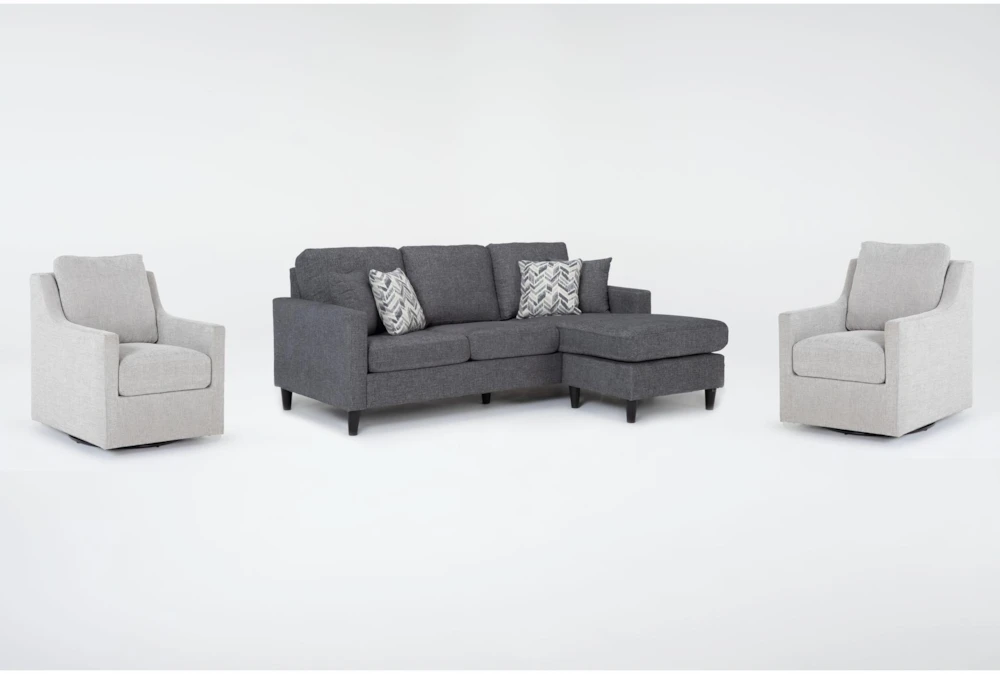 Stark Dark Grey Sofa with Reversible Chaise & 2 Light Grey Swivel Chairs